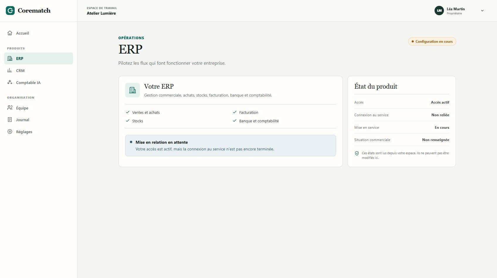 Écran ERP réel dans un espace Corematch, avec son état de configuration